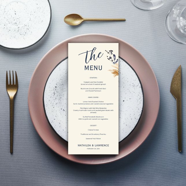 Menú Elegante Boda de la Foliage de Oro Boho Blue Scrip (Elegant Boho Gold Foliage Blue Script Wedding Menu)