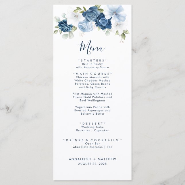 Menú Elegante Boda de la vegetación botánica azul turqu (Anverso)