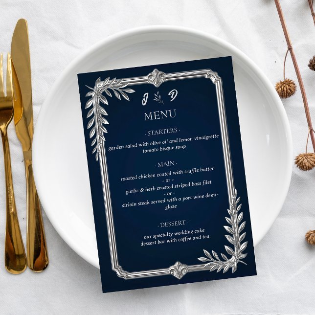 Menú Elegante Boda de Lujo en Azul Marino y Plata (Subido por el creador)
