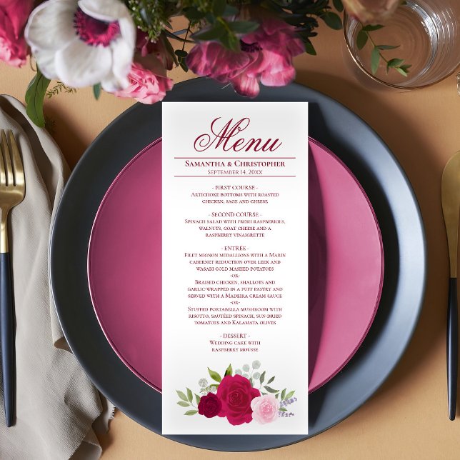 Menú Elegante Boda de magenta rosa caliente y Rosas de  (On Plate)