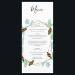 Menú Elegante Boda de mariposa monarca<br><div class="desc">Este diseño presenta un elegante diseño monarca con mariposa y hojas. El marco geométrico dorado está rodeado de hojas de acuarela vintage. Las mariposas naranjas y negras se sienten atraídas por la vegetación. Patrón de hojas de Damasco con tonos de color verde. El reverso muestra un par de mariposas descansando...</div>