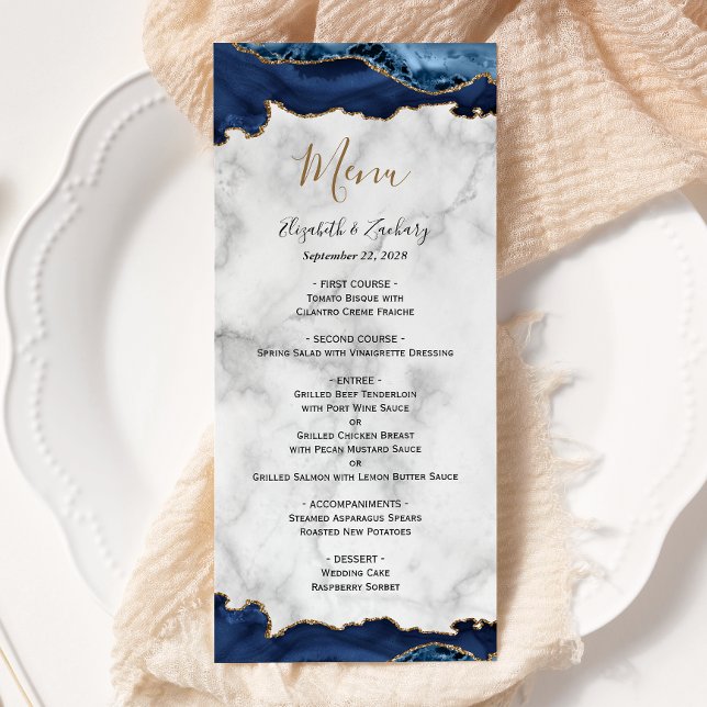 Menú Elegante Boda de Mármol de Ágata Azul Marino y Oro (Subido por el creador)