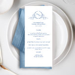 Menú Elegante Boda de Monograma Azul<br><div class="desc">Deléitese con este bonito menú boda, con un elegante monograma botánico dibujado a mano con iniciales de parejas en azul. Fácil de rellenar la plantilla para ordenar sus impresiones! Posibilidad de cambiar el texto e incluso realizar cambios en el estilo, tamaño y posición del texto seleccionando "Editar usando la herramienta...</div>