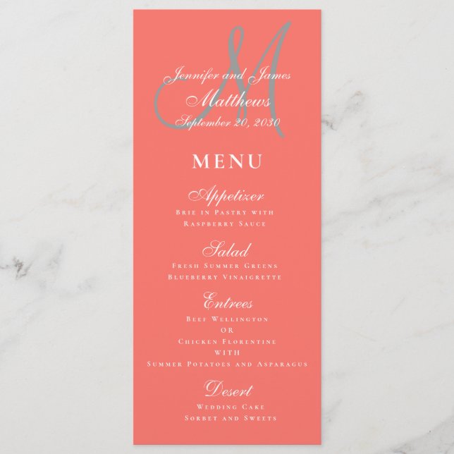 Menú Elegante Boda de Monograma con guión gris de coral (Anverso)