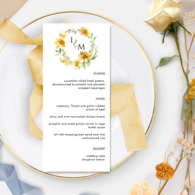 Menú Elegante Boda de Monograma Floral Amarillo (Subido por el creador)