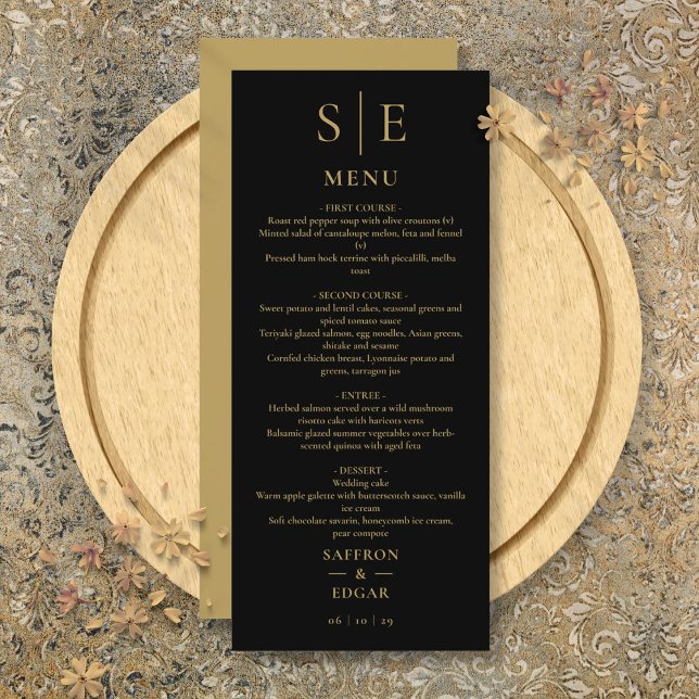 Menú Elegante Boda De Monograma Negro Y Oro (Elegant Black And Gold Monogram Wedding Dinner Menu)