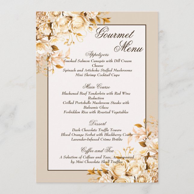 Menú Elegante Boda de oro y flores de marfil Gourmet (Anverso)