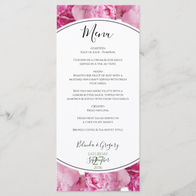 Menú Elegante Boda de Peonies Rosados (Anverso)