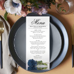 Menú Elegante Boda de Reflexiones de Rosa azul de acero<br><div class="desc">Este bonito menú le dará un toque de elegancia a la recepción de bodas. Tiene un bonito y romántico diseño, con un único rosa de color azul o gris azul de acero polvoriento sobre su lado, reflejado en un estanque de agua con olas y ondas. Hay espacio para los nombres...</div>