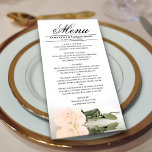 Menú Elegante Boda de Reflexiones Rosa Peach Pale<br><div class="desc">Este bonito menú le dará un toque de elegancia a la recepción de bodas. Presenta un bonito y romántico diseño, con un solo rosa de color melocotón pálido o naranja claro sobre su lado, reflejado en una piscina de agua con olas y ondas. Hay espacio para los nombres de la...</div>