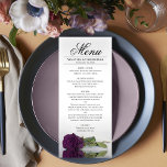 Menú Elegante Boda de Reflexiones Rosa Purple Plum<br><div class="desc">Este bonito menú le dará un toque de elegancia a la recepción de bodas. Cuenta con un bonito y romántico diseño con un único rosa de color ciruela morado o berenjena sobre su lado que refleja una piscina de agua con olas y ondas. Hay espacio para los nombres de la...</div>
