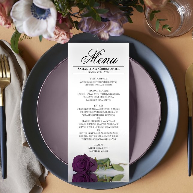 Menú Elegante Boda de Reflexiones Rosa Purple Plum (In Situ on Plate)