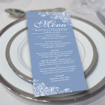 Menú Elegante Boda de Rincones de Amigo Azul y Blanco<br><div class="desc">Este delicioso menú polvoriento azul o peringuil le dará un toque de estilo a la recepción de bodas. Presenta un diseño sencillo y hermoso con elegantes letras de guión y adornos de rizos blancos decorativos y remolinos en las esquinas. Hay espacio para los nombres de la pareja y la fecha...</div>