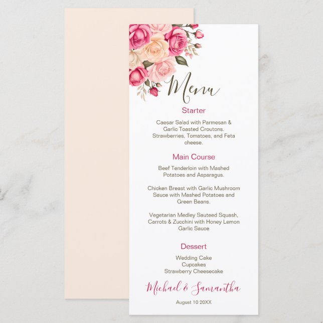 Menú Elegante Boda de Rosa Fucsia y Marfil (Anverso / Reverso)