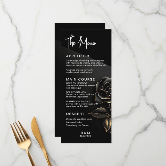 Menú Elegante boda de rosa negra y dorada (Anverso/Reverso In Situ)