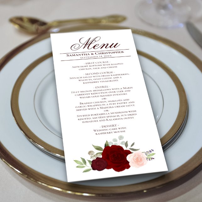 Menú Elegante Boda de Rosas Rojas y Rosa Rosadas de Bor (Subido por el creador)