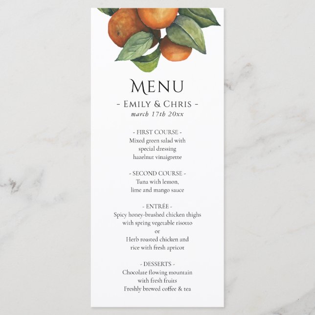 Menú Elegante Boda de vegetación de cítricos botánicos (Anverso)