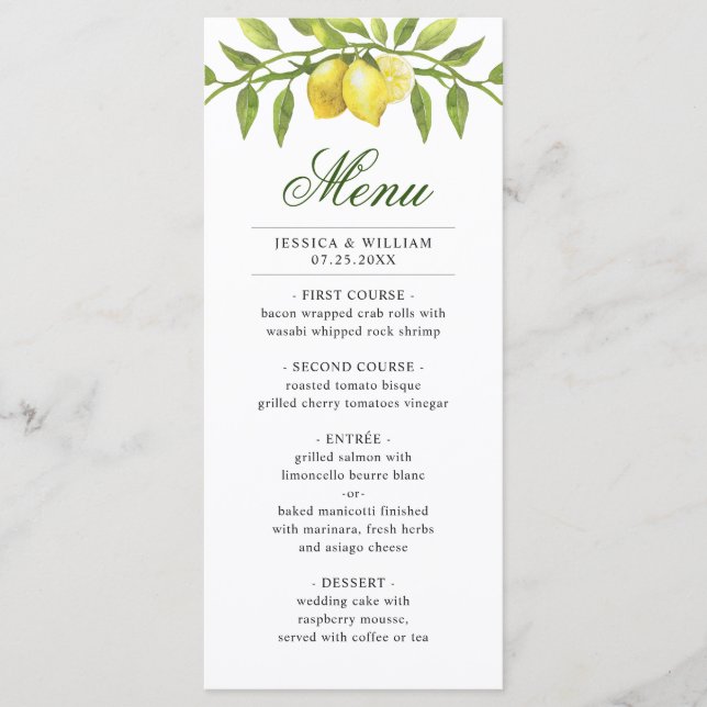 Menú Elegante Boda de vegetación de los Lemones (Anverso)
