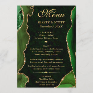 Menú Elegante Boda de Verde y Dorado Falso Brillo Ágata