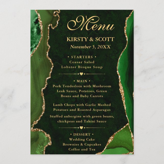 Menú Elegante Boda de Verde y Dorado Falso Brillo Ágata (Anverso)