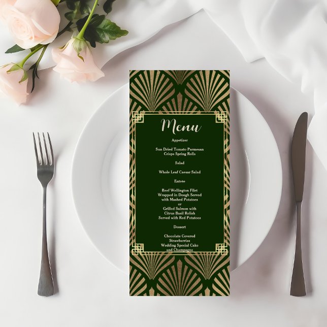 Menú Elegante Boda del Art Deco del Oro Verde Oscuro (Subido por el creador)