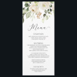 Menú Elegante Boda del follaje floral blanco<br><div class="desc">Elegante menú vegetal y Boda de color blanco floral: elegante carta de bodas floridos con un único ramo de flores blancas y vegetación en la parte superior. La parte posterior contiene las iniciales en un marco de vegetación similar. Puede añadir más texto al fondo haciendo clic en "personalizar más adelante"....</div>