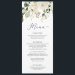 Menú Elegante Boda del follaje floral blanco<br><div class="desc">Elegante menú vegetal y Boda de color blanco floral: elegante carta de bodas floridos con un único ramo de flores blancas y vegetación en la parte superior. La parte posterior contiene las iniciales en un marco de vegetación similar. Puede añadir más texto al fondo haciendo clic en "personalizar más adelante"....</div>