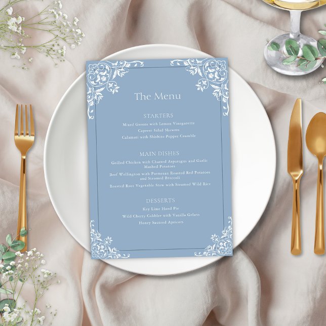 Menú Elegante Boda del marco azul turbio (Elegant Dusty Blue Vintage Frame Wedding Menu Card for romantic bridgerton inspired blue and white)