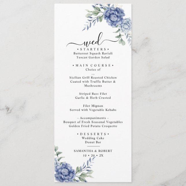 Menú Elegante Boda Dusty Blue Greenerenery Suministros (Anverso)