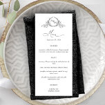 Menú Elegante Boda Escudo de la Corona de Monograma<br><div class="desc">Elegante menú boda monogramado con hermoso monograma escudo de la corona dibujado a mano y detalles modernos de caligrafía escrita a mano. Estilo sencillo y elegante. Habilidad de personalizar con su menú. Diseño en blanco y negro. Capacidad para cambiar el color de fondo blanco a otros colores mediante la herramienta...</div>