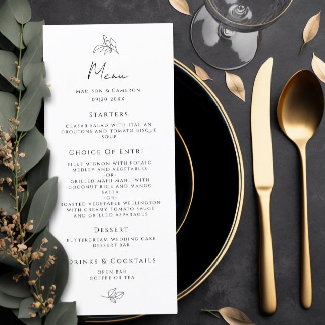 Menú Elegante Boda Fiesta de cena formal en blanco y ne (Elegant Wedding Black & White Formal Dinner Party Menu)