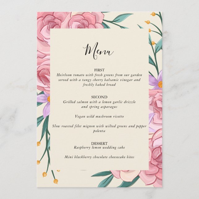 Menú Elegante Boda Floral Acuarela Rosa Boho (Anverso)