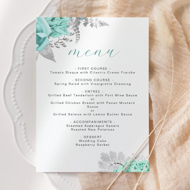 Menú Elegante Boda Floral Acuática Plateada (Subido por el creador)