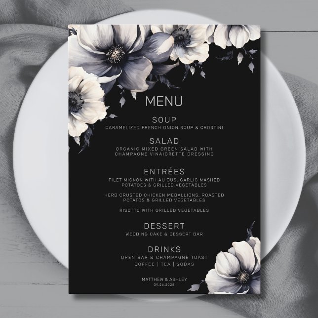 Menú Elegante Boda floral anemónico negro (Elegant Black Floral Wedding Menu)