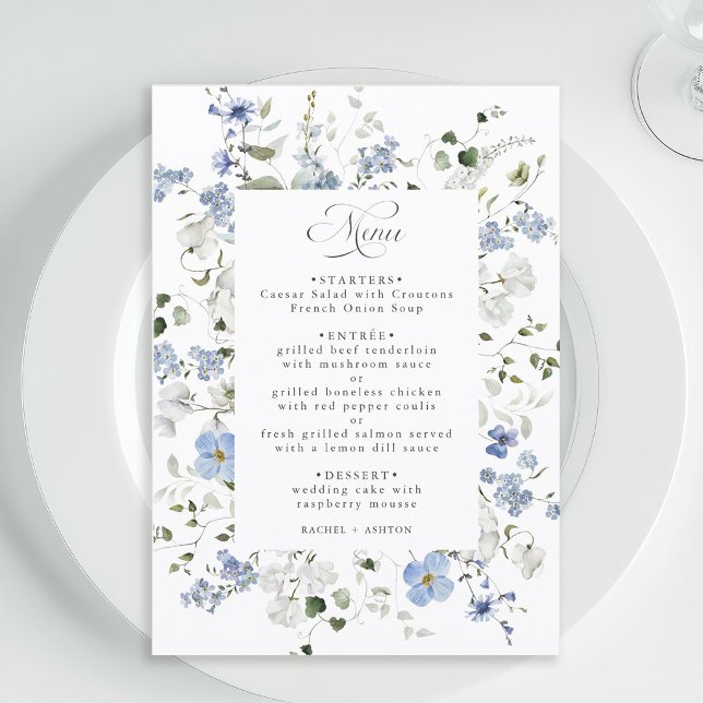 Menú Elegante boda floral azul blanco verde (Subido por el creador)