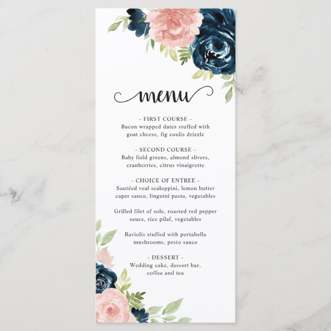 Menú Elegante Boda floral azul de la Marina Rosa de Rub (Anverso)