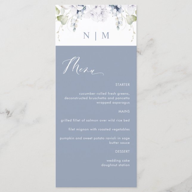 Menú Elegante Boda floral azul y blanco (Anverso)