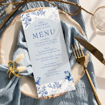 Menú Elegante Boda floral Blue Chinoiserie<br><div class="desc">Menú boda chino con elegante diseño botánico de época azul y blanco. Delicada y romántica floral, con ramas de rosas y pájaros de la naturaleza y una paleta de colores en tonos azules inspirados en la tela rústica francesa, porcelana de moda chinoiserie, cerámica delft, época georgiana, regencia y victoriana. Para...</div>