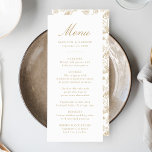Menú Elegante Boda floral chino de estilo victoriano<br><div class="desc">Disfrute de una experiencia gastronómica impresionante con nuestro elegante menú boda de estilo floral Chinoiserie Gold. Con una elegante caligrafía dorada sobre un fondo blanco y fresco, este menú de personalizable permite a las parejas añadir nombres, fechas bodas y menús personalizados. En la parte trasera se exhibe un bonito patrón...</div>