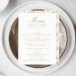 Menú Elegante Boda floral chino de estilo victoriano<br><div class="desc">Aumente su recepción nupcial con nuestro elegante menú de bodas florales Chinoiserie Gold. Diseñado con una elegante caligrafía dorada sobre un fondo blanco limpio, este menú es totalmente personalizable con sus nombres, fecha boda y detalles del menú. El reverso presenta un magnífico patrón floral de Chinoiserie dorado y blanco, que...</div>