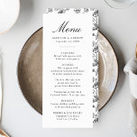 Menú Elegante Boda floral de estilo negro chino victori<br><div class="desc">Disfrute de una experiencia gastronómica impresionante con nuestro elegante menú boda floral Chinoiserie negra. Con una elegante caligrafía negra en un fondo blanco y fresco, este menú de personalizable permite a las parejas añadir nombres, fechas bodas y menús personalizados. En la parte trasera se exhibe un bonito patrón floral Chinoiserie...</div>