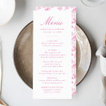 Menú Elegante Boda floral de estilo rosado chino victor<br><div class="desc">Disfrute de una experiencia gastronómica impresionante con nuestro elegante menú boda con flores de estilo chino rosado. Con una elegante caligrafía rosa sobre un fondo blanco y fresco, este menú de personalizable permite a las parejas añadir nombres, fechas bodas y menús personalizados. En la parte trasera se exhibe una bonita...</div>