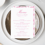 Menú Elegante Boda floral de estilo rosado chino victor<br><div class="desc">Aumente su recepción nupcial con nuestro elegante menú de bodas florales de estilo chino rosado. Diseñado con una elegante caligrafía rosa sobre un fondo blanco limpio, este menú es totalmente personalizable con sus nombres, fecha boda y detalles del menú. El reverso presenta un magnífico estilo floral Chinoiserie rosa y blanco,...</div>