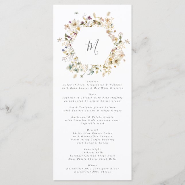Menú Elegante Boda Floral de Flor Silvestre Seca Pampas (Anverso)