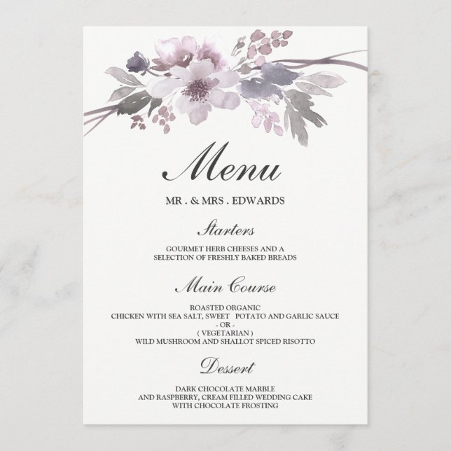 Menú Elegante Boda floral de invierno gris morado (Anverso)