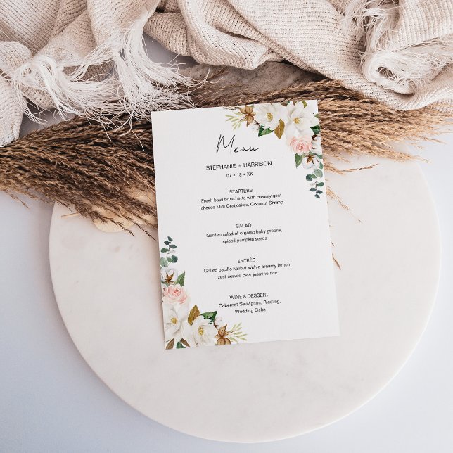 Menú Elegante Boda floral de Magnolia rosa blanca y Rub (Elegant White & Blush Pink Magnolia Floral Wedding Menu)