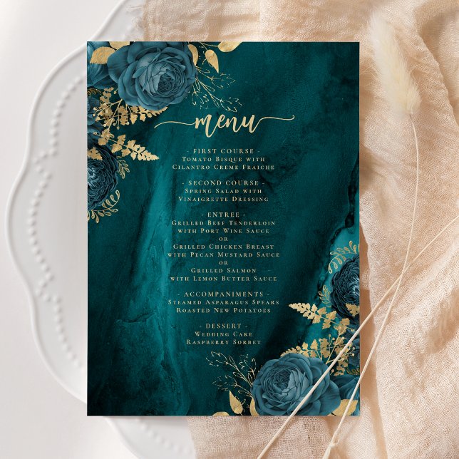 Menú Elegante Boda floral de oro azul Verde azulado (Subido por el creador)
