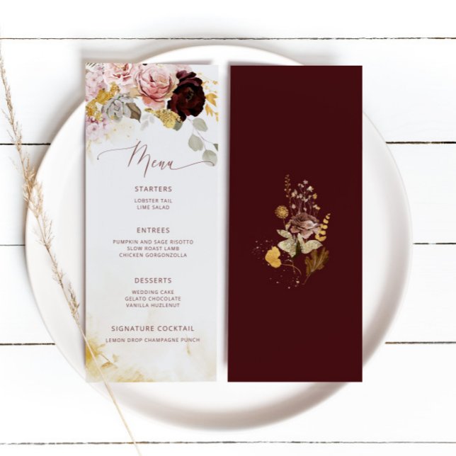 Menú Elegante boda floral de oro burgundy (Subido por el creador)