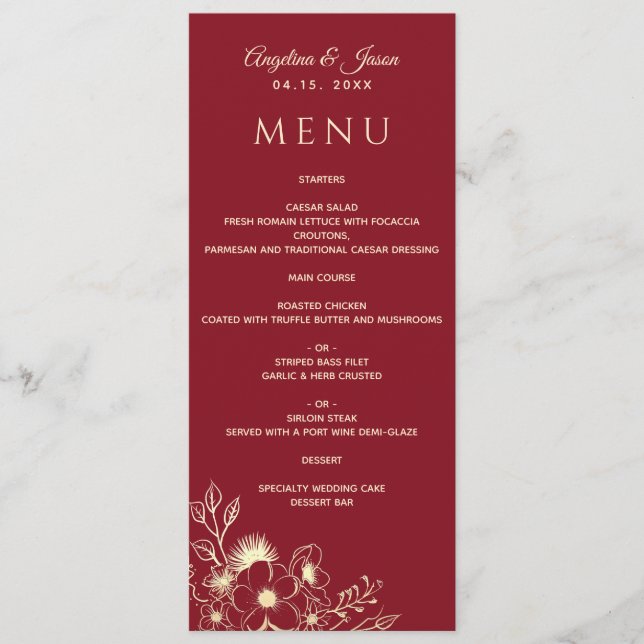 Menú Elegante Boda floral de oro y borgoña (Anverso)