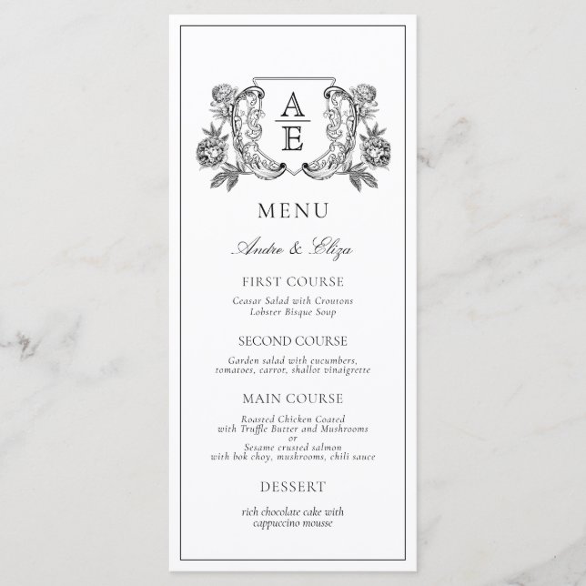Menú Elegante Boda floral de Peones Blanco y Negro (Anverso)